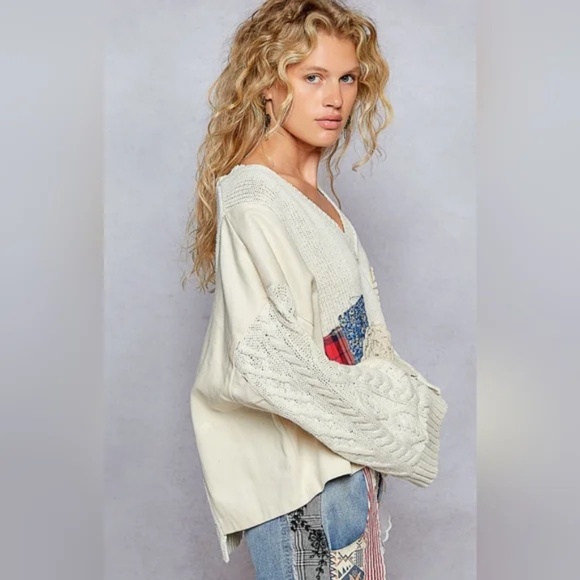 POL V neck Cream Floral Plaid print Oversized Sweater Top - Picture 6 of 6